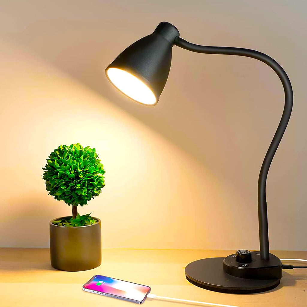 Black Desk Lamp with USB Charging Port & Dimmable LED