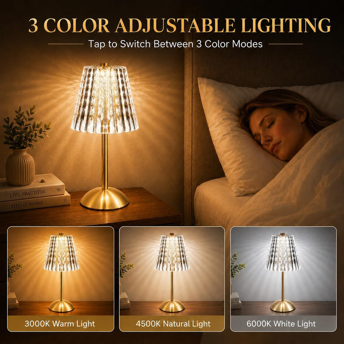 Cordless Gold Table Lamp with Touch Control & 3 Colors