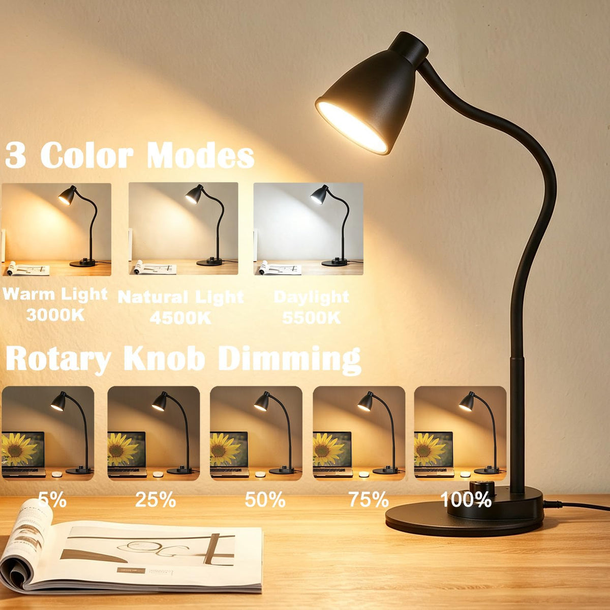 Black Desk Lamp with USB Charging Port & Dimmable LED