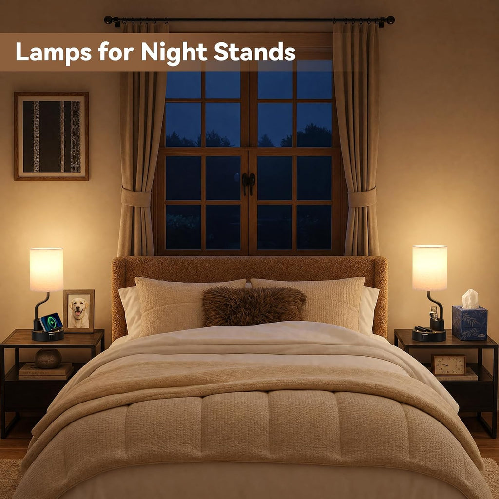 Set of 2 Bedside Table Lamps with USB Ports & Outlets