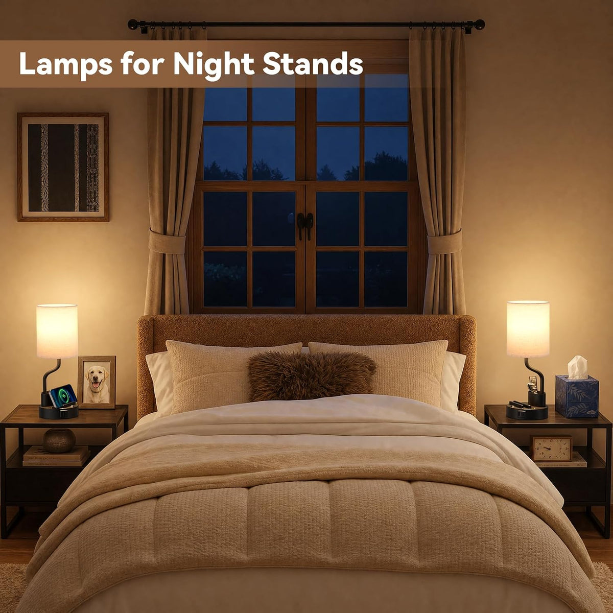 Set of 2 Bedside Table Lamps with USB Ports & Outlets