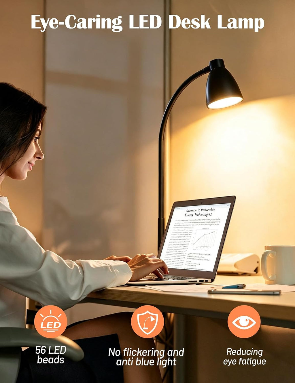 Black Desk Lamp with USB Charging Port & Dimmable LED